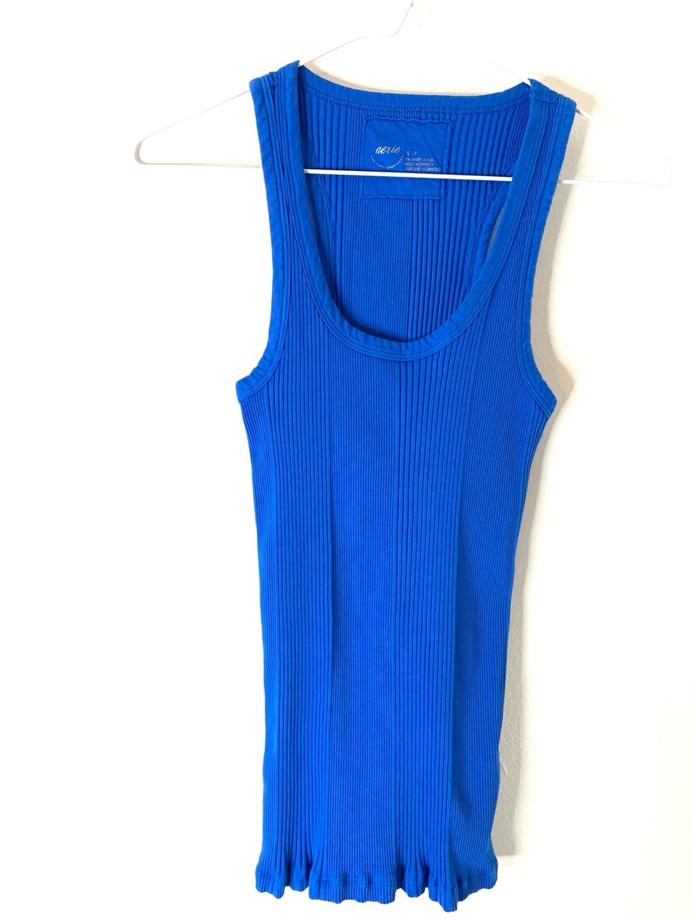 aerie Cobalt Blue Ribbed Stretch Fitted Tank Top Lettuce Hem Y2K